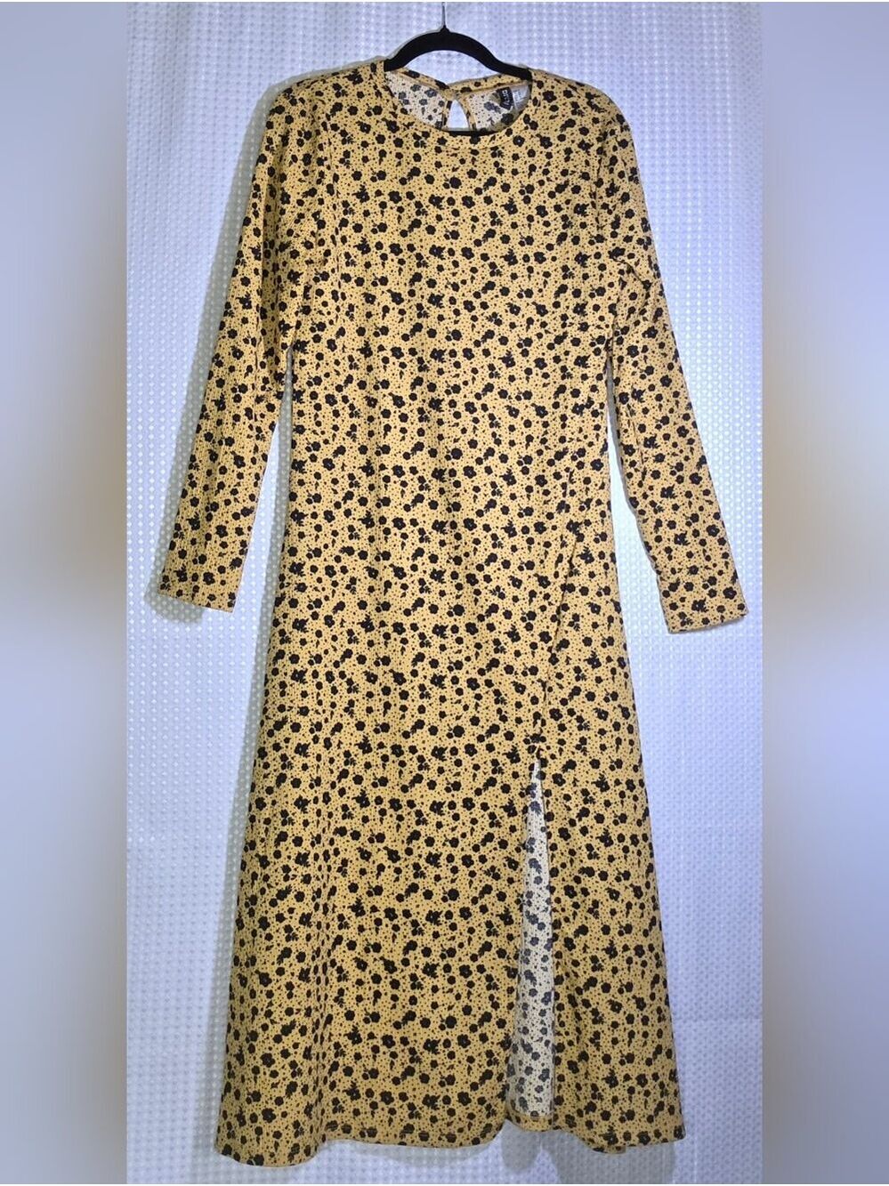 H&M Crinkled Jersey Midi Dress Mustard Retro Floral Boho 70s High Slit M - Picture 7 of 12